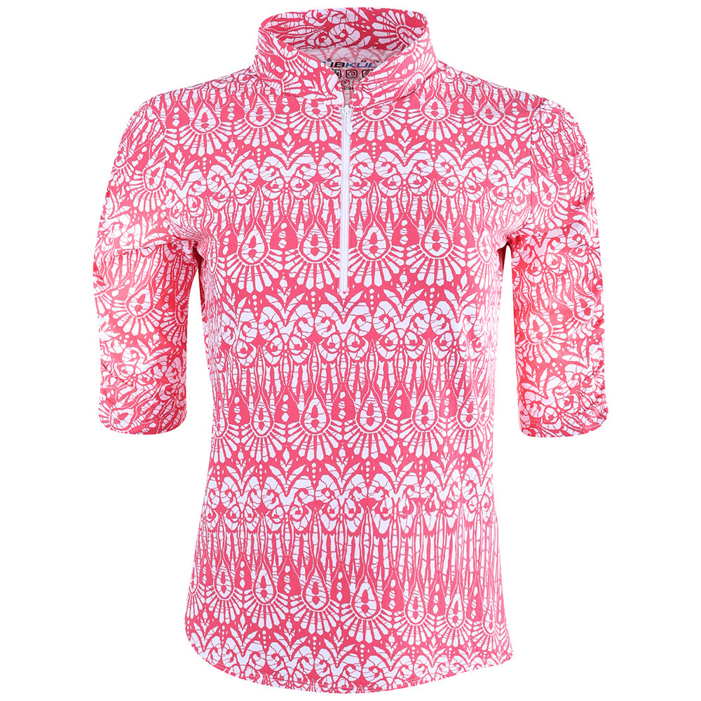 Women's Ruched Elbow Length Sleeve 1/4 Zip Top - Barbara Print