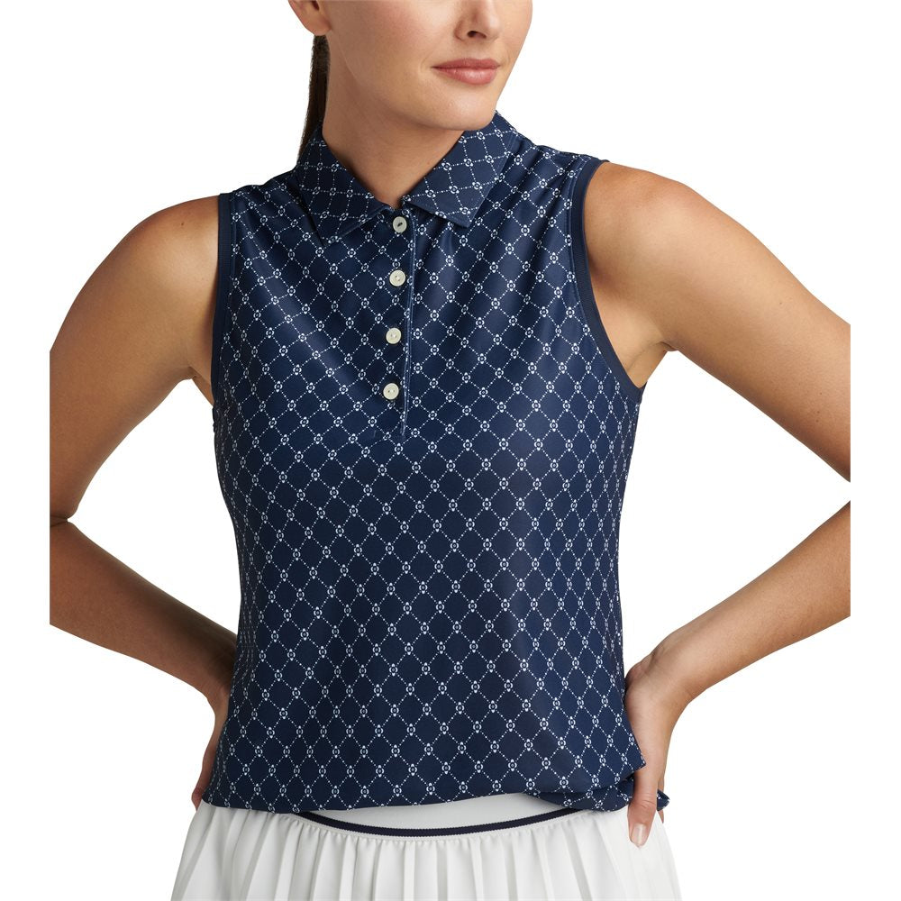 Women's Lattice Blossom Banded Sport Mesh Sleeveless Polo