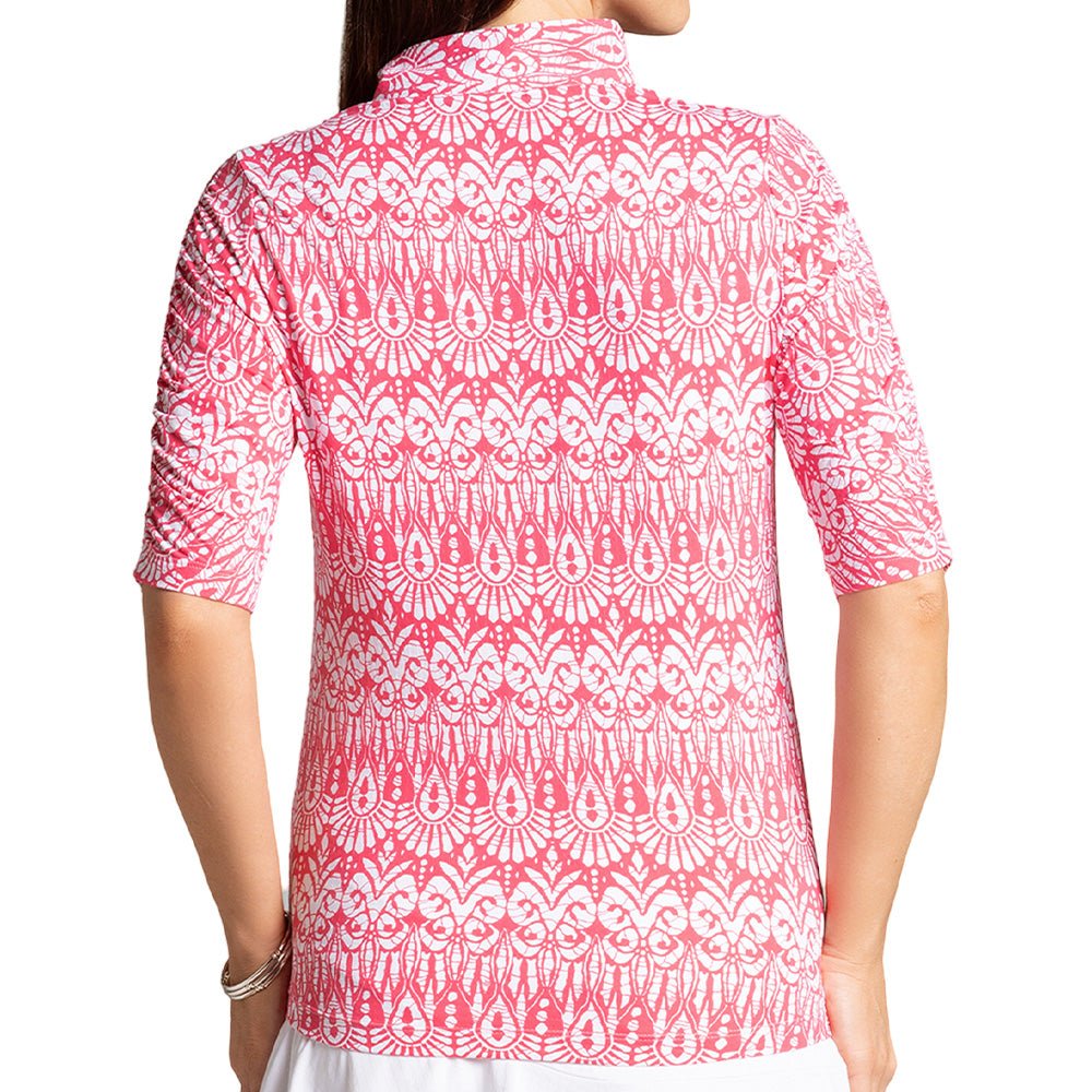 Women's Ruched Elbow Length Sleeve 1/4 Zip Top - Barbara Print - Fairway Styles