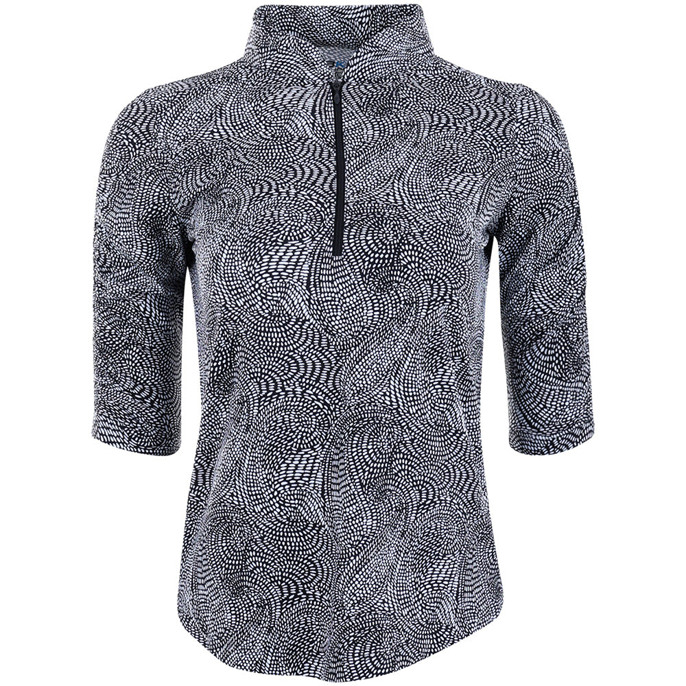 Women's Ruched Elbow Sleeve 1/4 Zip Mandarin Collar Pullover - Stephanie Print
