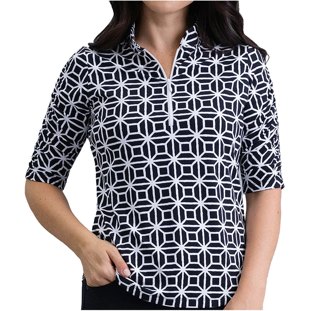 Women's Carolyn Ruched Elbow Sleeve Mandarin 1/4 Zip Collar Top - Black Print