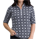 Women's Carolyn Ruched Elbow Sleeve Mandarin 1/4 Zip Collar Top - Black Print