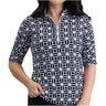 Women's Carolyn Ruched Elbow Sleeve Mandarin 1/4 Zip Collar Top - Black Print