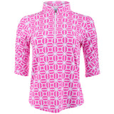Women's Carolyn Ruched Elbow Sleeve Mandarin 1/4 Zip Collar Top - Black Print