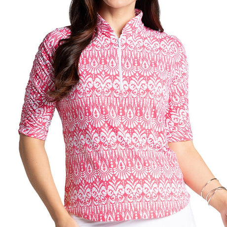 Women's Ruched Elbow Length Sleeve 1/4 Zip Top - Barbara Print - Fairway Styles