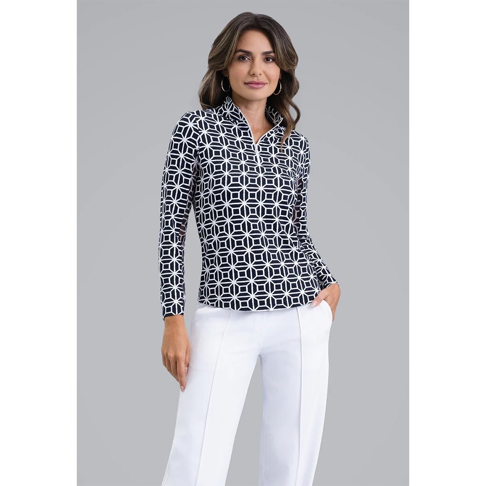 Women's Long Sleeve 1/4 Zip Mock Neck Top - Carolyn Print