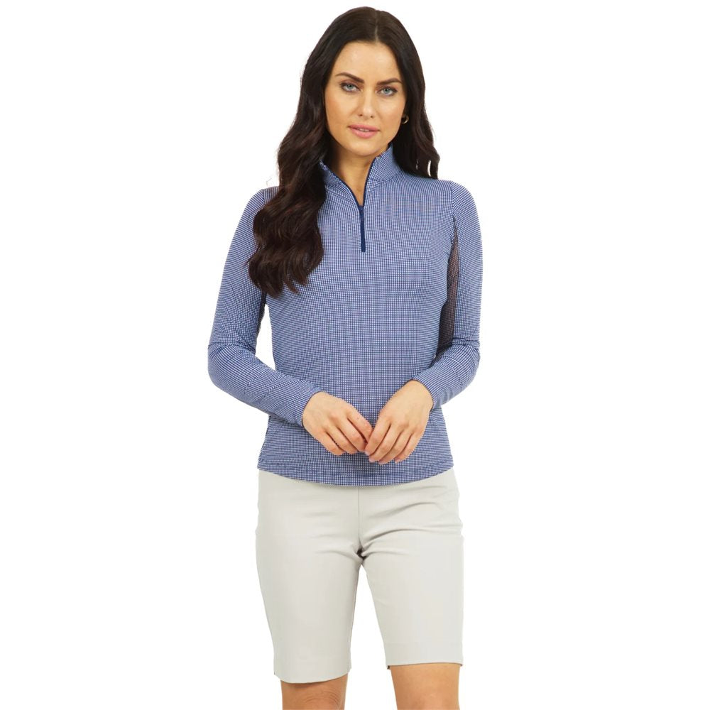 Women's Long Sleeve Mock Neck Top - Mini Check Print